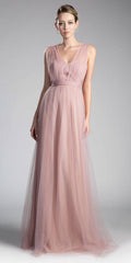 Blush tulle long bridesmaid dress, sleeveless V-neck, gathered waist