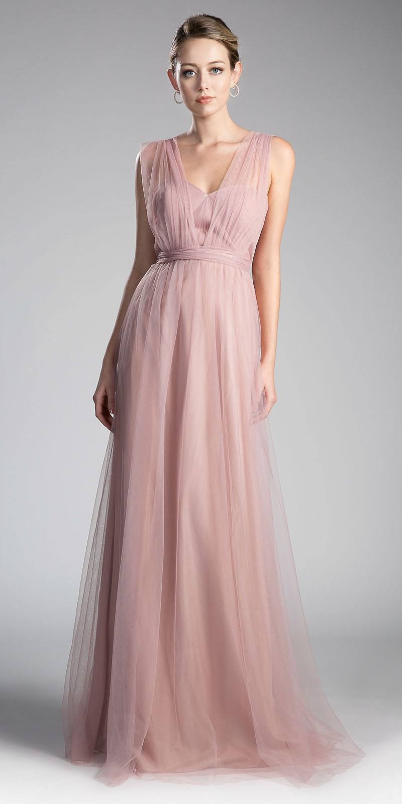 Blush tulle long bridesmaid dress, sleeveless V-neck, gathered waist