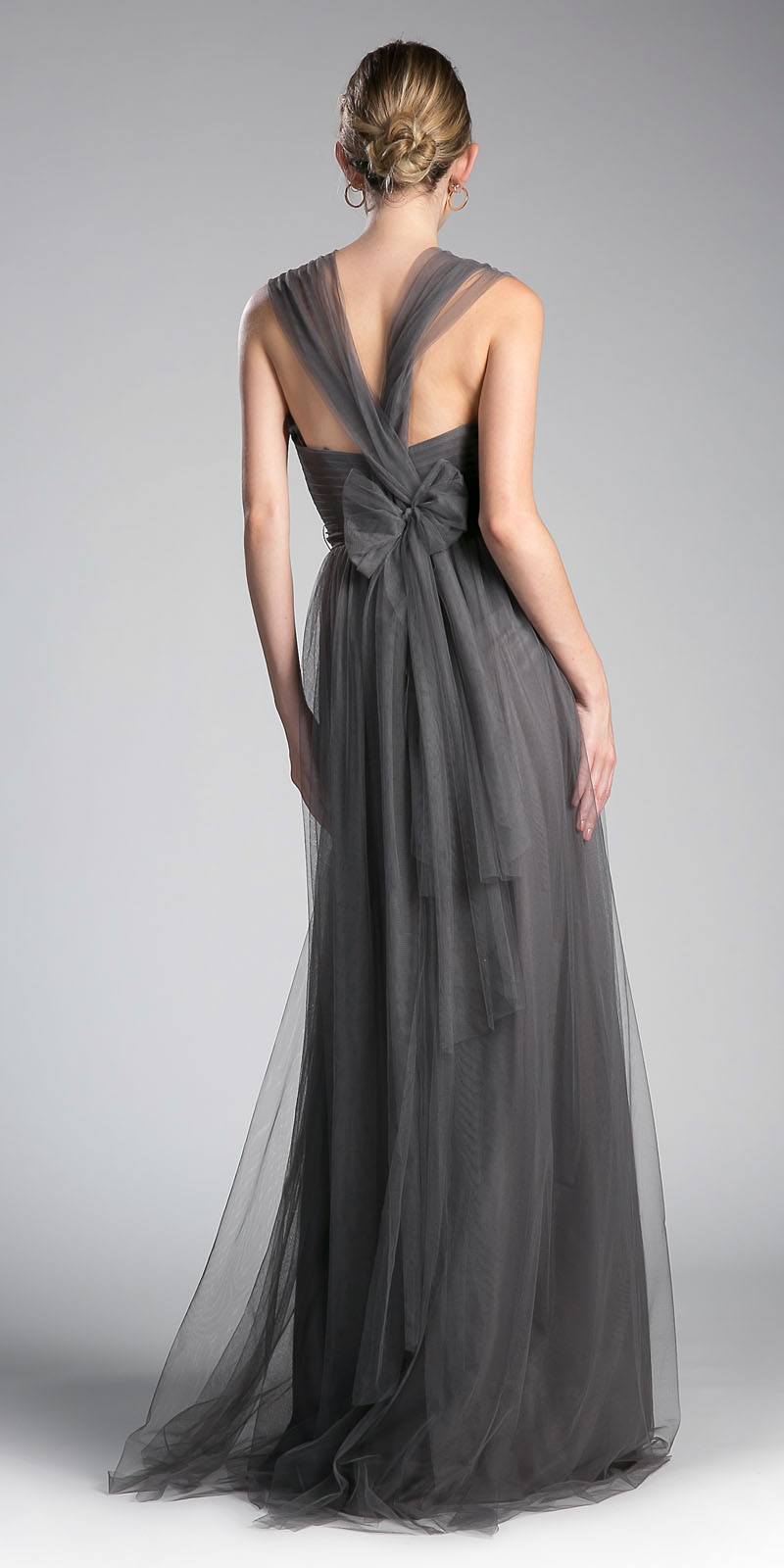 Back view charcoal tulle long dress with draped straps and bow detail