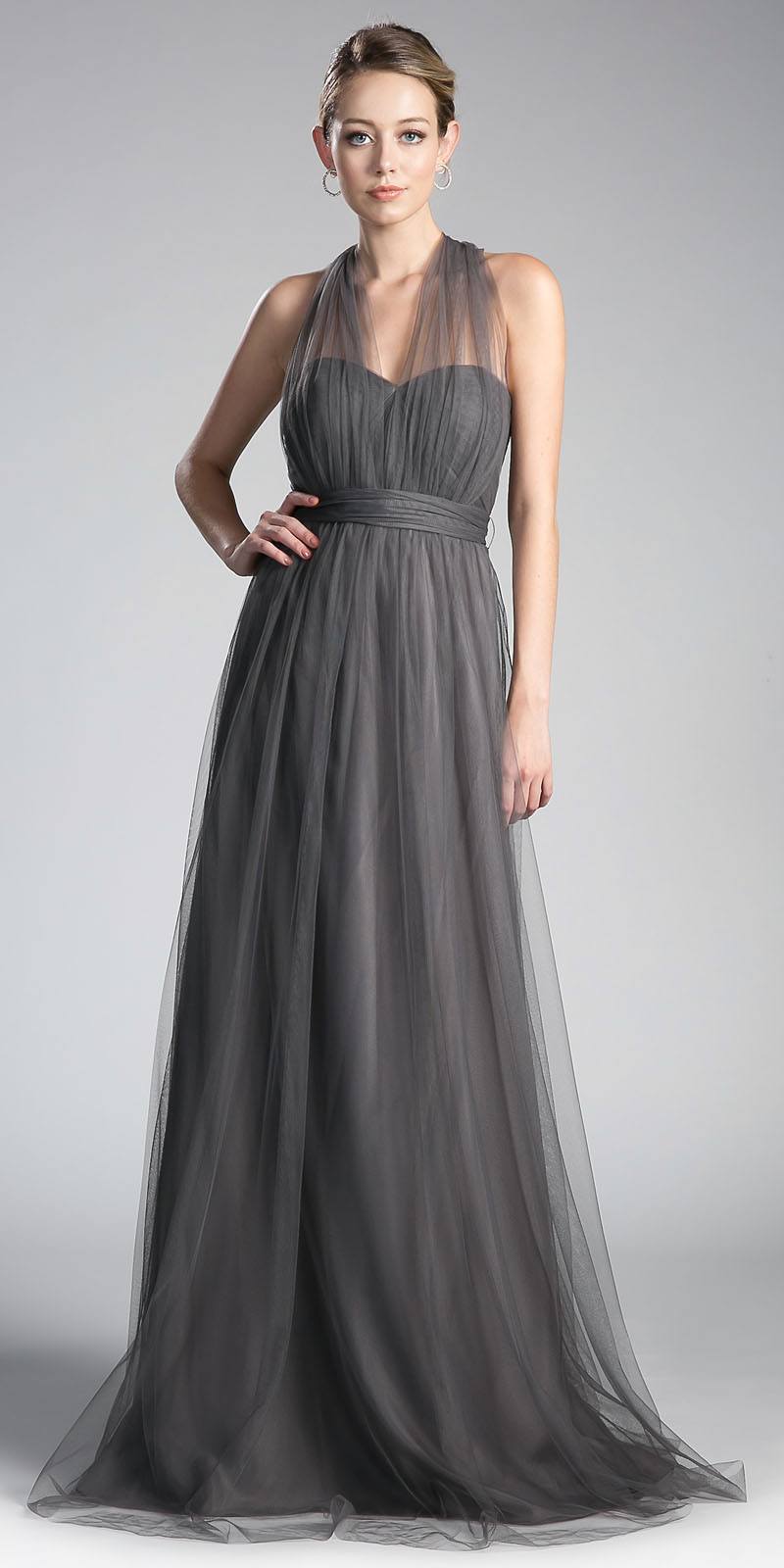 Charcoal tulle long dress with halter neckline and draped gathered waist