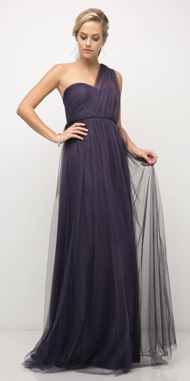 Purple tulle long dress with one-shoulder drape and gathered waist