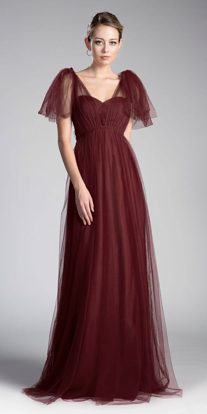 Burgundy tulle long dress with sweetheart neckline and flutter sleeves