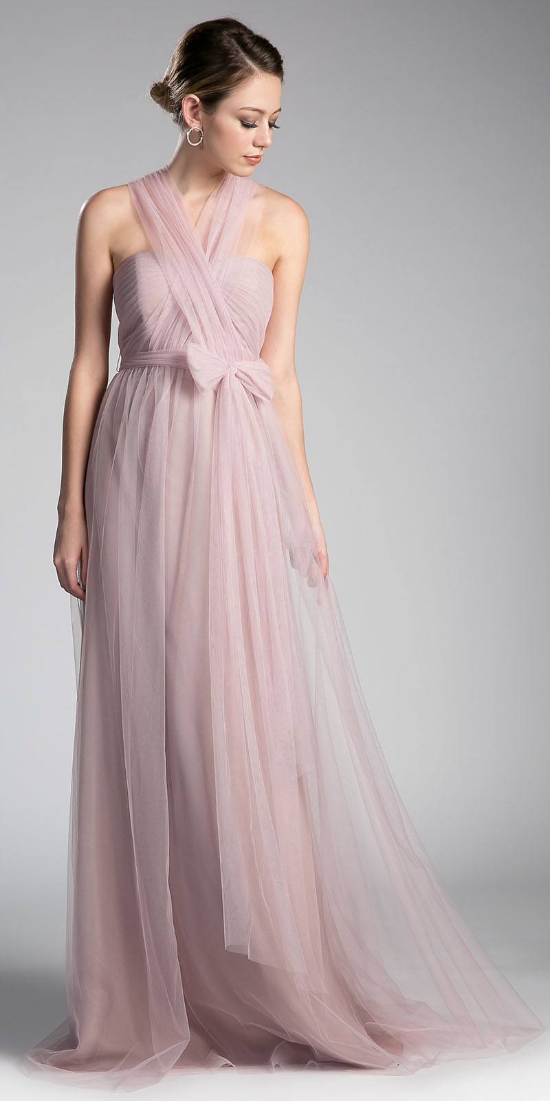 Blush tulle long dress with twisted bodice and flowing skirt