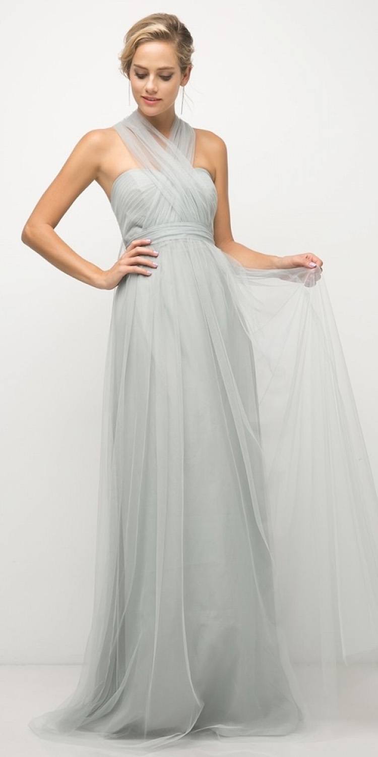Eucalyptus tulle long infinity-style dress with gathered bodice and flowing skirt