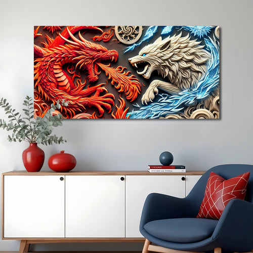3D dragon and wolf wall art canvas with red dragon and pale wolf heads