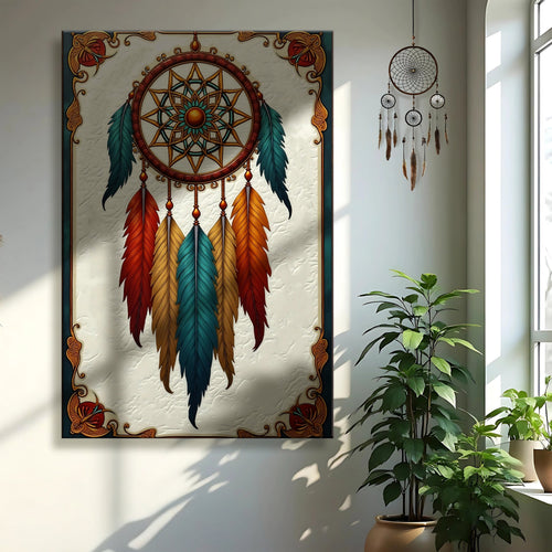 Feather dreamcatcher wall art with circular woven ring and multicolor feathers, framed