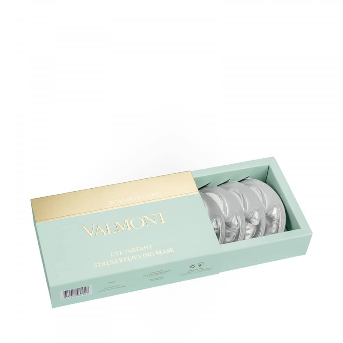 Valmont eye mask pack of 5 in mint green box with five foil-sealed masks