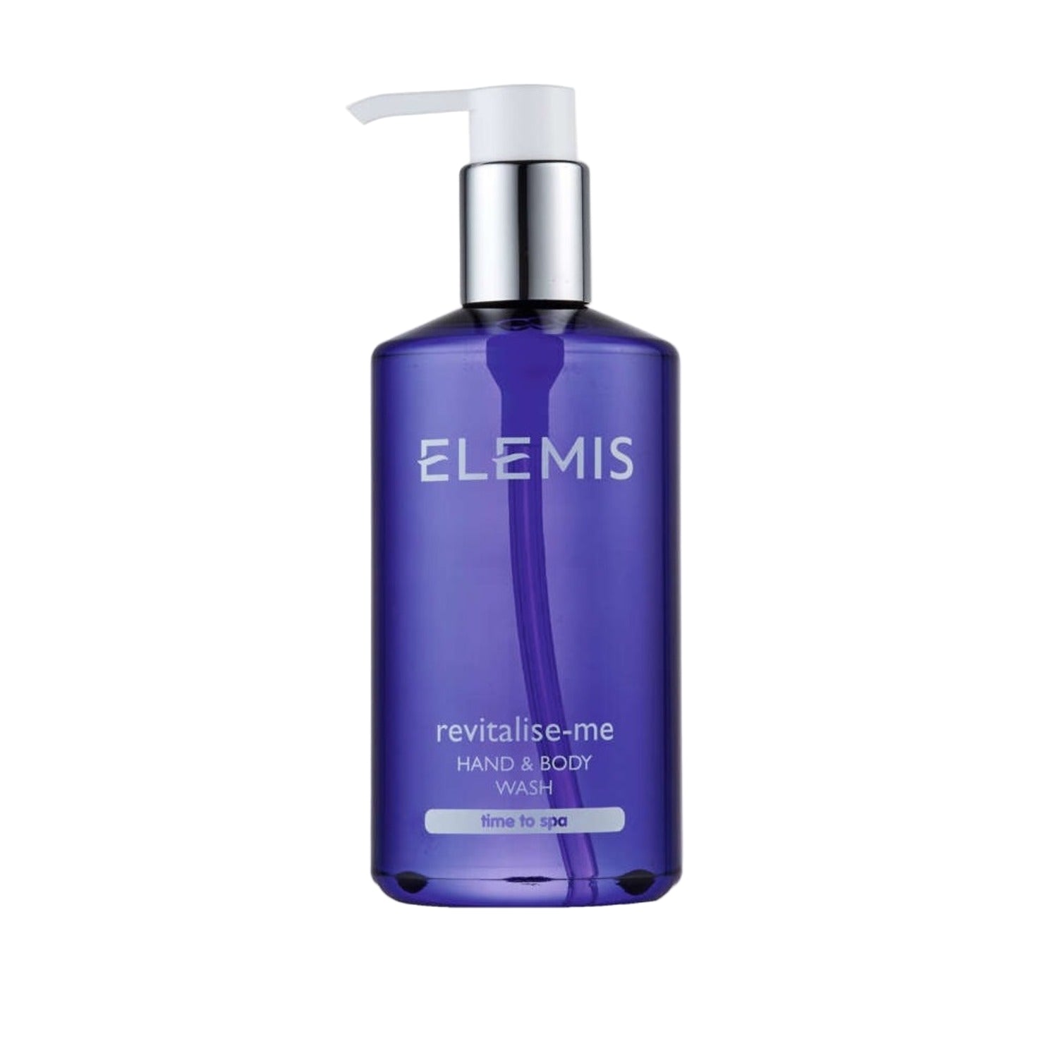 Hand and body wash bottle with silver pump, purple bottle