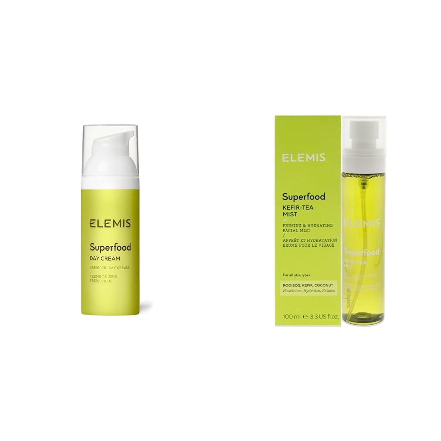 Elemis Superfood multi mist spray bottle with white pump and green liquid