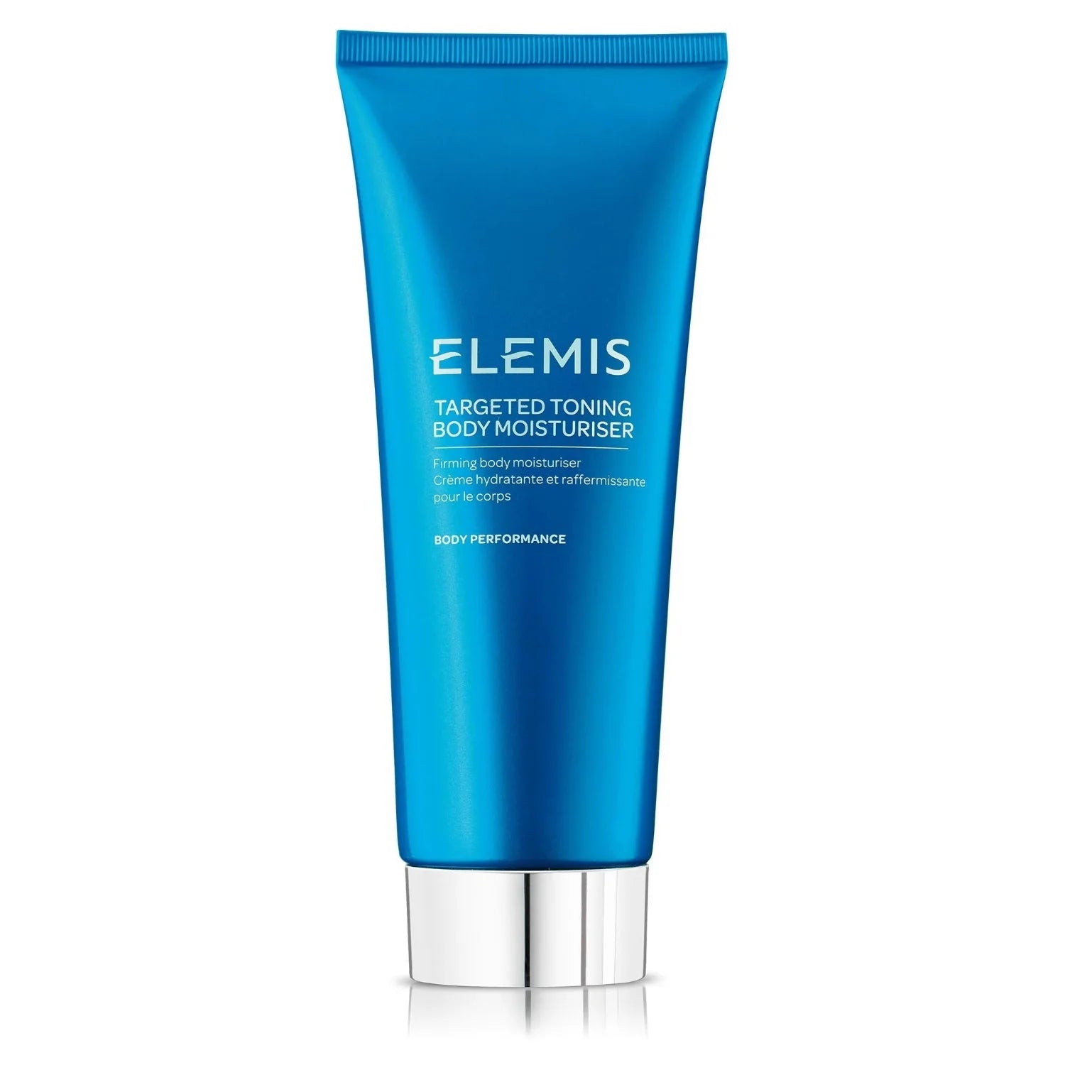 Elemis targeted toning body moisturiser tube, blue squeeze bottle with silver cap