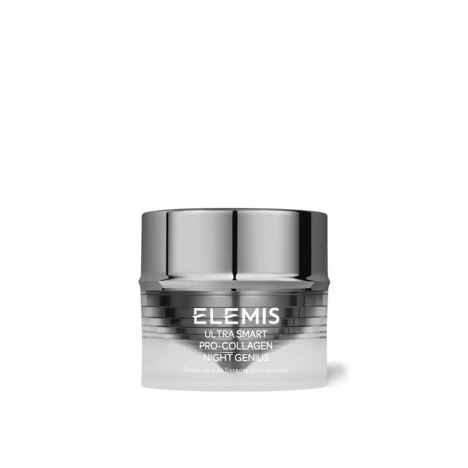 Elemis Ultra Smart Pro-Collagen Night Genius cream jar with silver lid