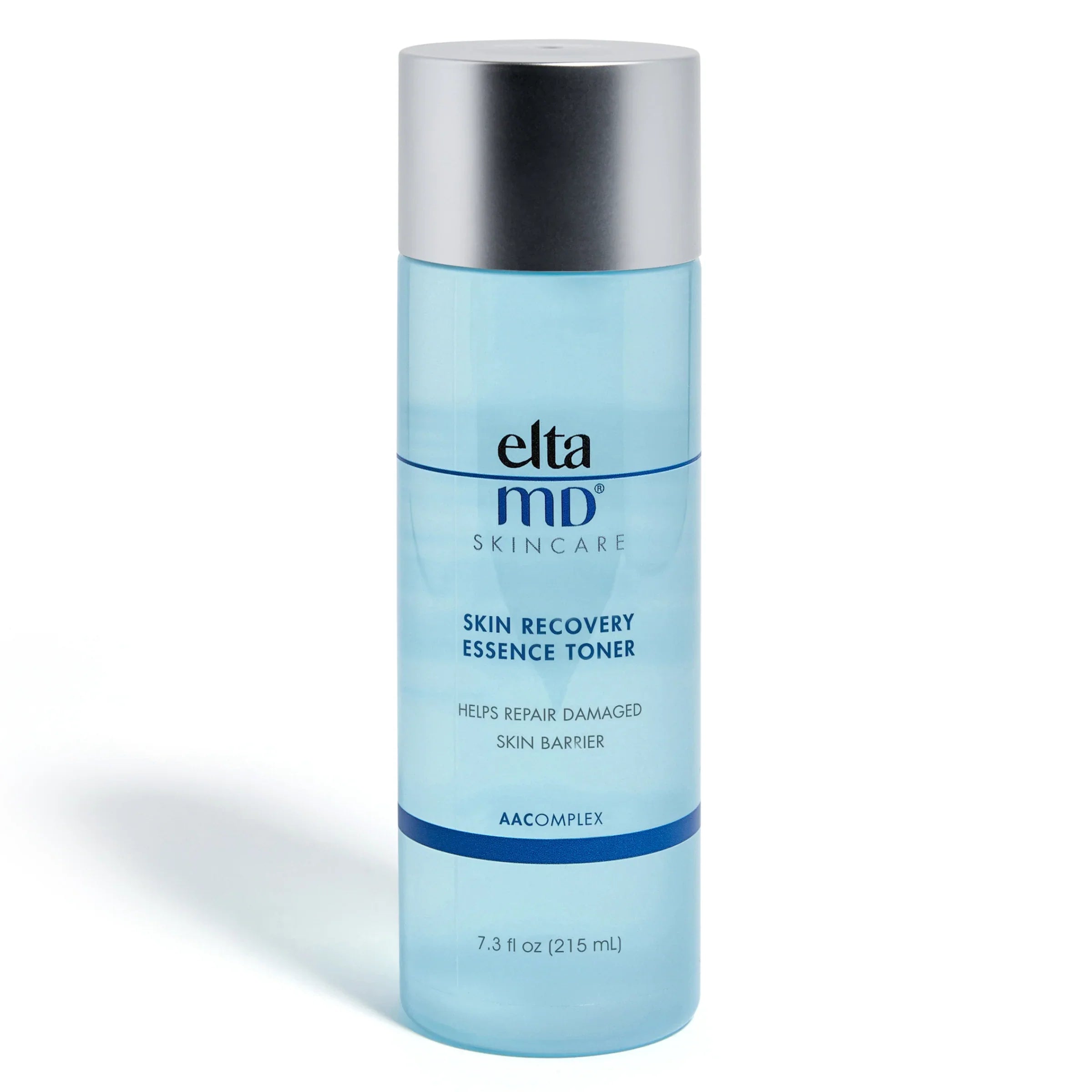 EltaMD Skin Recovery Essence Toner bottle, light blue liquid, silver pump top, 7.3 fl oz