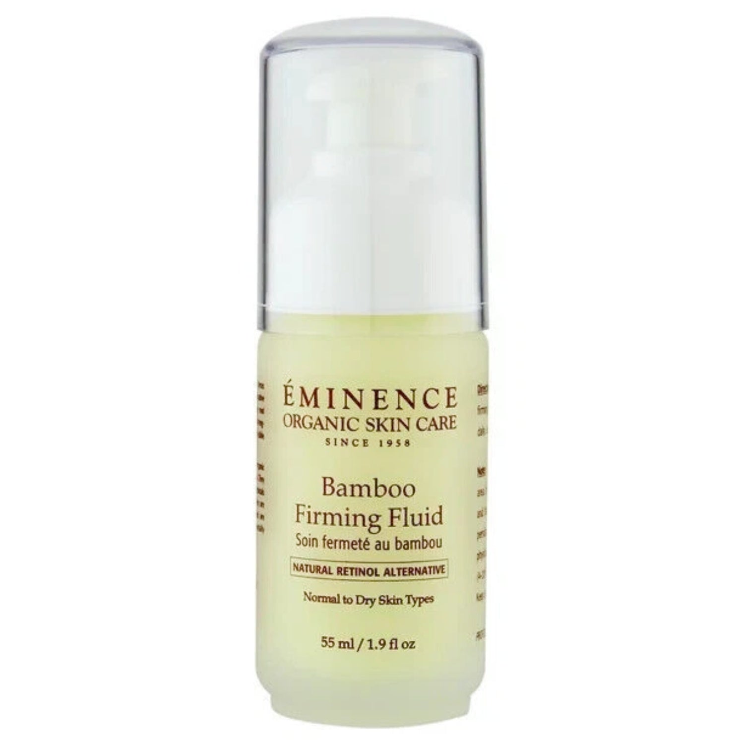 Eminence Bamboo Firming Fluid bottle, clear cap and pale yellow cream liquid