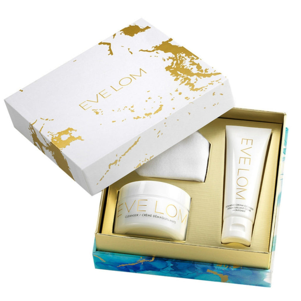 Eve Lom double cleanse set in open box with cleansing jar and two bottles/tubes