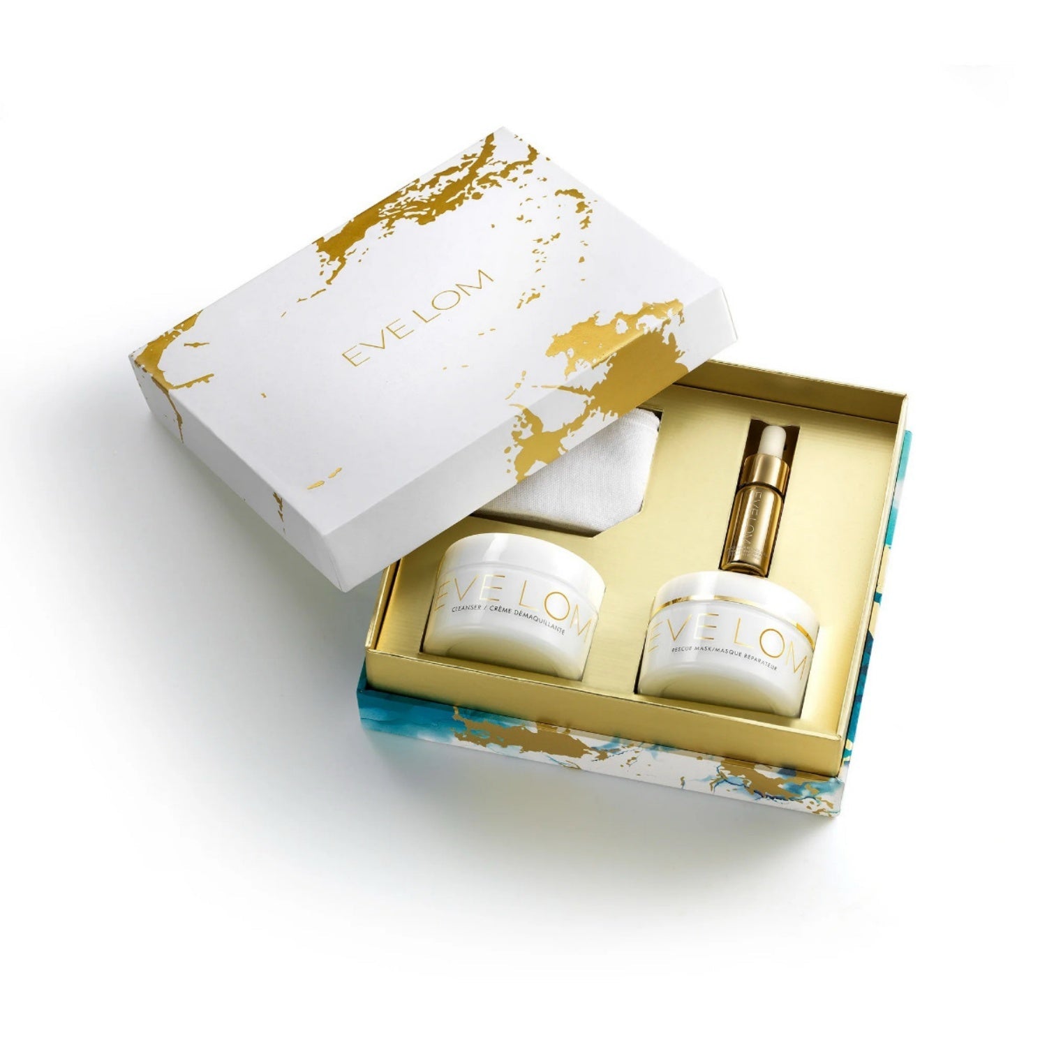 Radiance ritual gift set open box with cream jar, small bottle, and cloth
