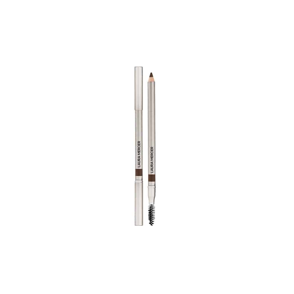 Eyebrow pencil with spoolie brush, side-by-side capped barrels, tan pencil tip