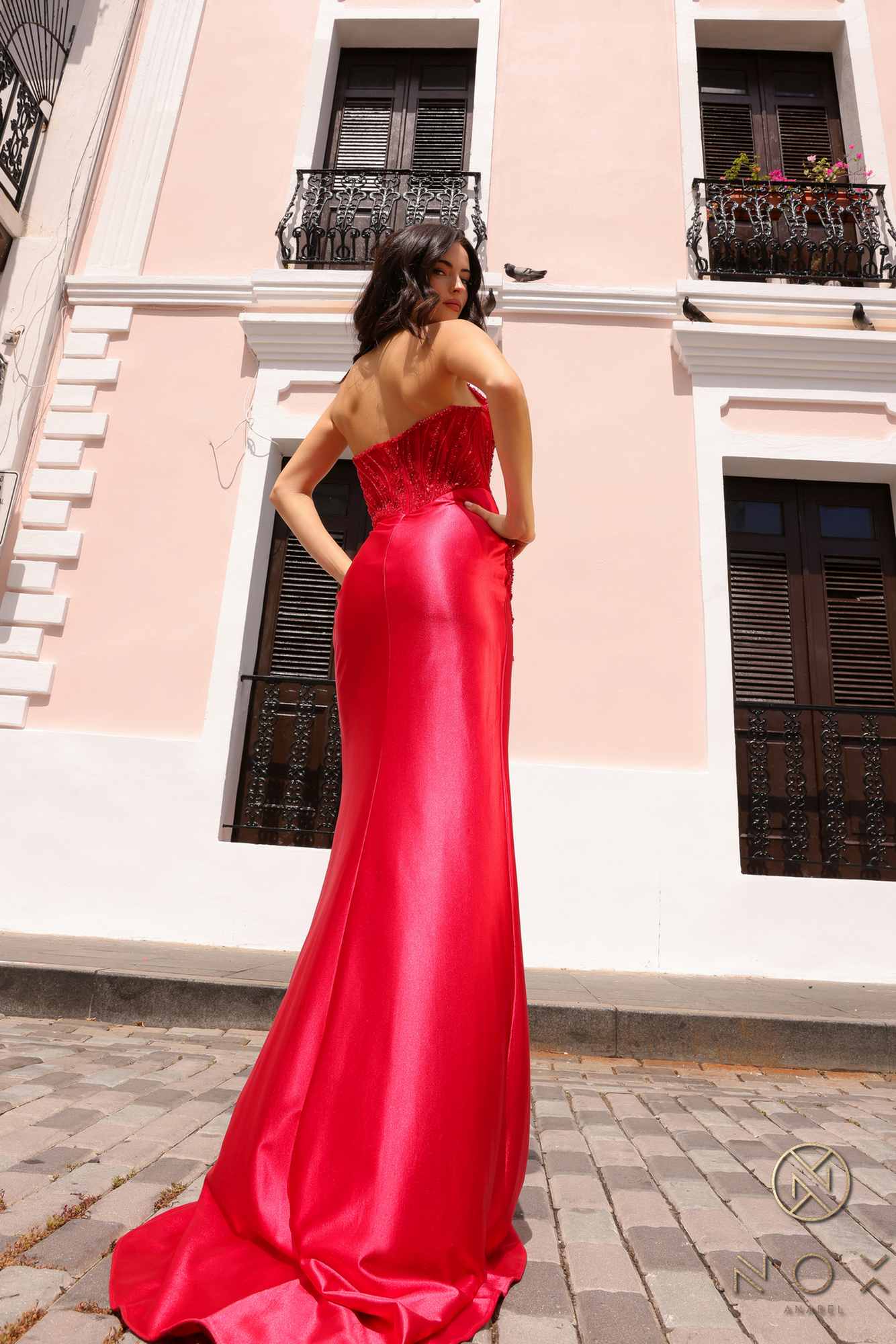Strapless beaded sequin satin gown, red, long flowing skirt with side slit