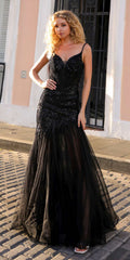 Black long sleeveless mermaid gown with sweetheart sequined bodice and tulle skirt