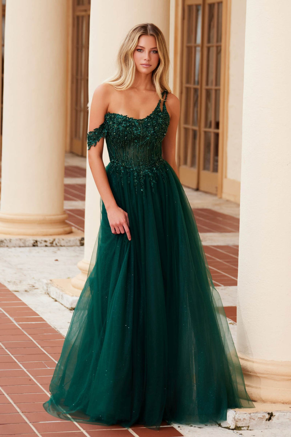 Embroidered A-line sheer dress with boned waistline, emerald green sparkle bodice, front view