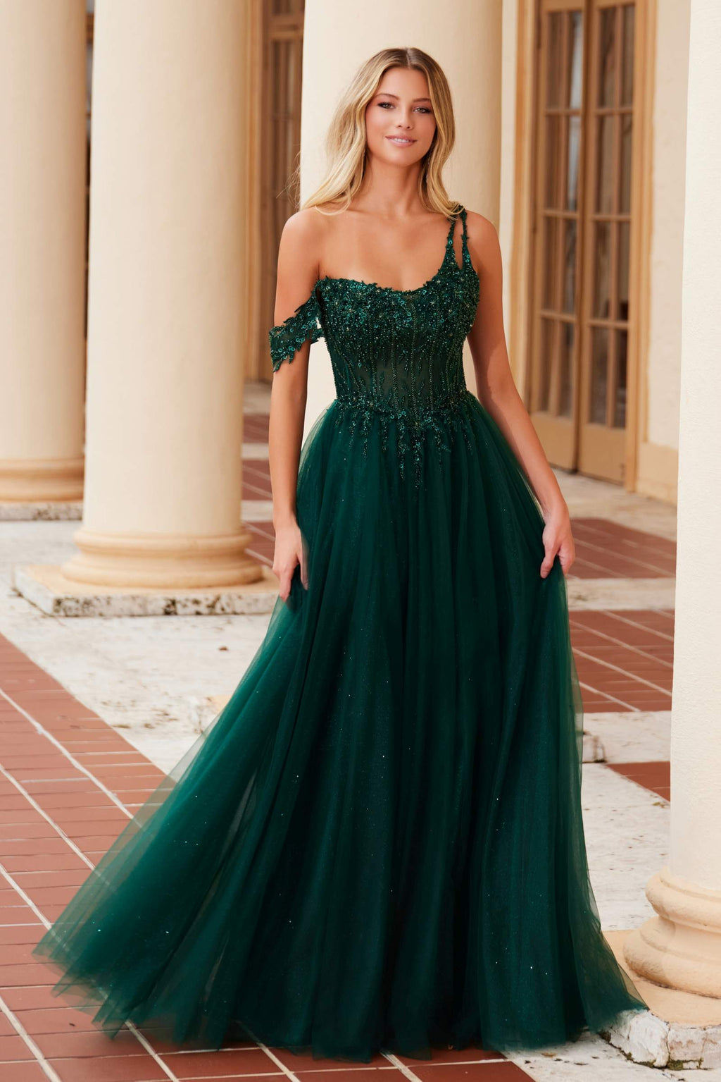 Embroidered A-line sheer dress with boned waistline, emerald green sparkle bodice