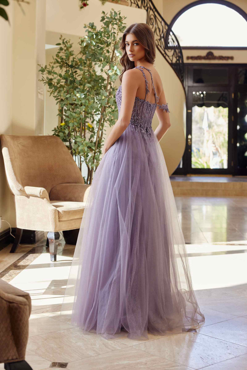 Lavender A-line sheer dress with lace-trimmed straps and embellished corset bodice
