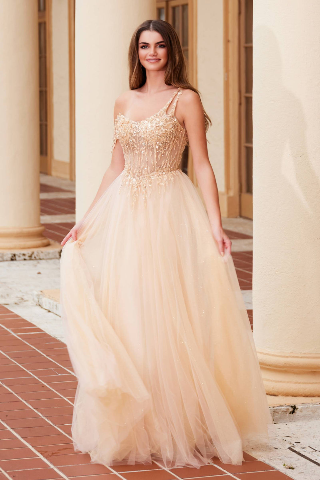 Embroidered A-line sheer dress with boned waistline, spaghetti straps, gold sparkle bodice