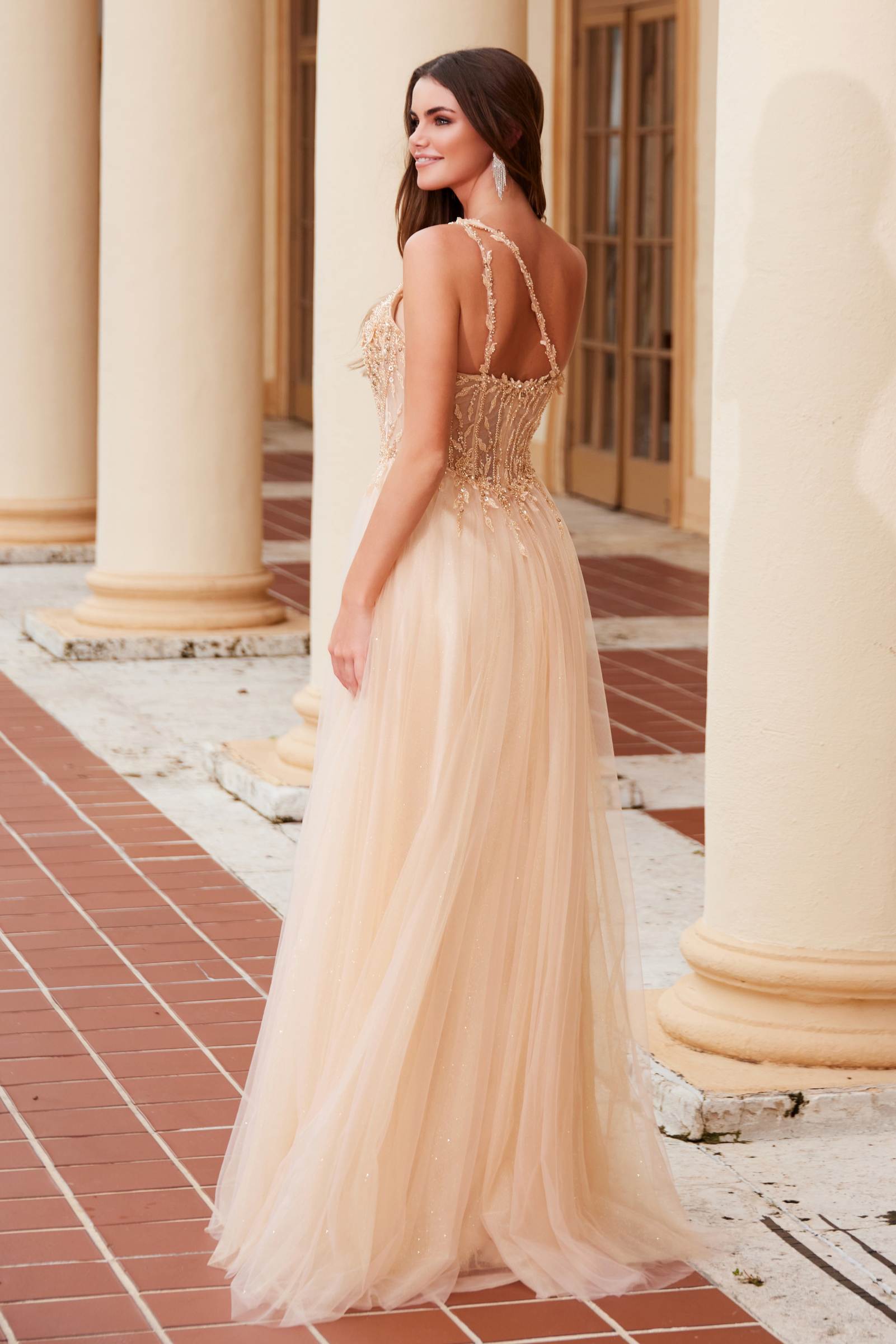 Champagne-gold A-line tulle dress with embroidered corset bodice and lace back detail