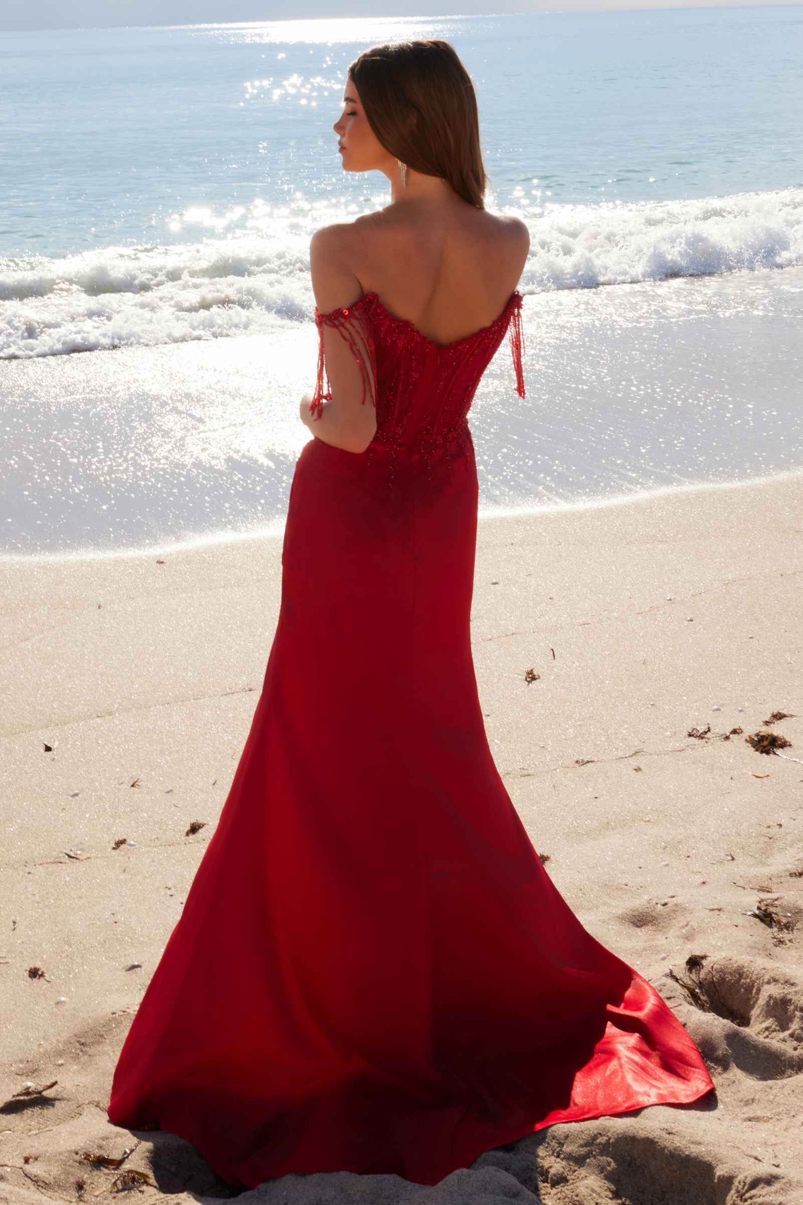 Red off-shoulder sequin sweetheart dress with fringe straps and open back, mermaid hem