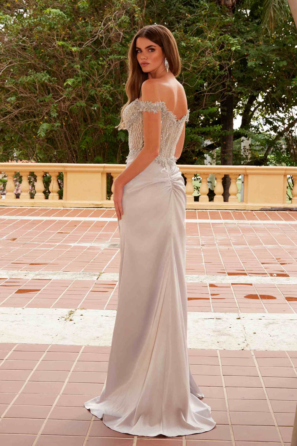 Satin sweetheart sequin applique gown with beaded bodice and front slit, cream