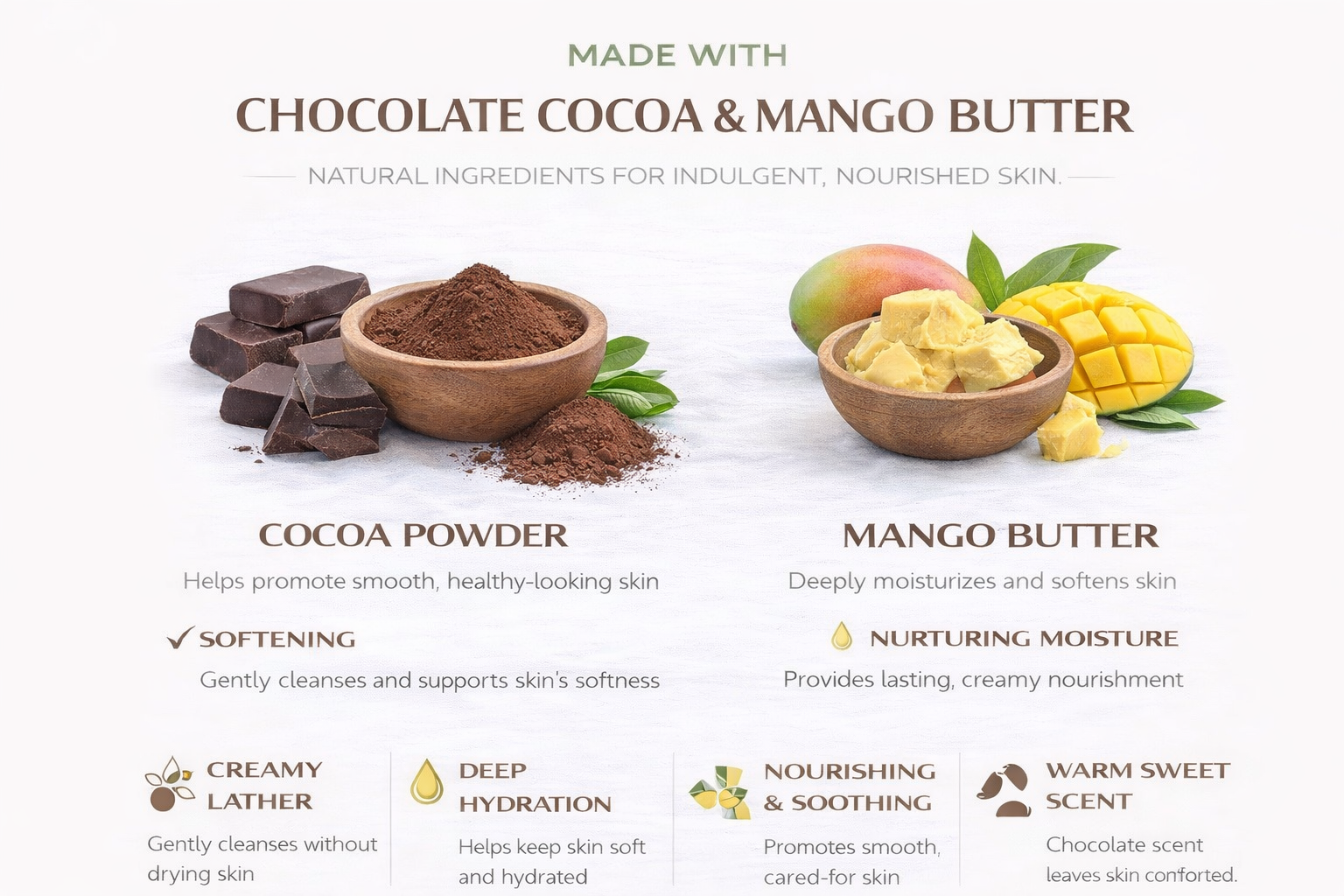 Dark brown bar soap with cocoa powder and cocoa butter ingredients illustration