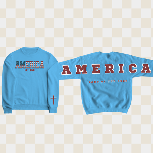 Light blue crewneck sweatshirt with bold 'AMERICA' graphic and 'Land of the Free' text