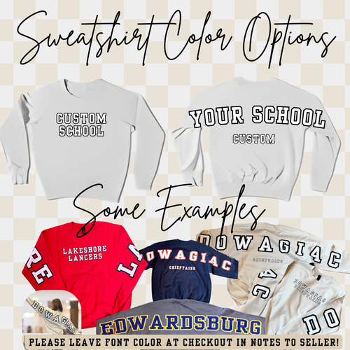 White custom crewneck sweatshirt with printed school text, front and back views