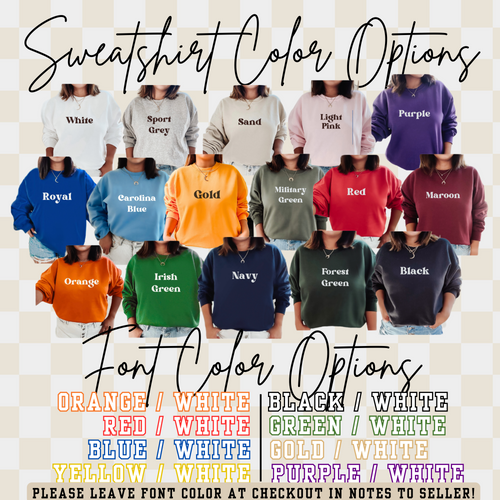 Custom crewneck sweatshirts in multiple colors with printed text, group photo