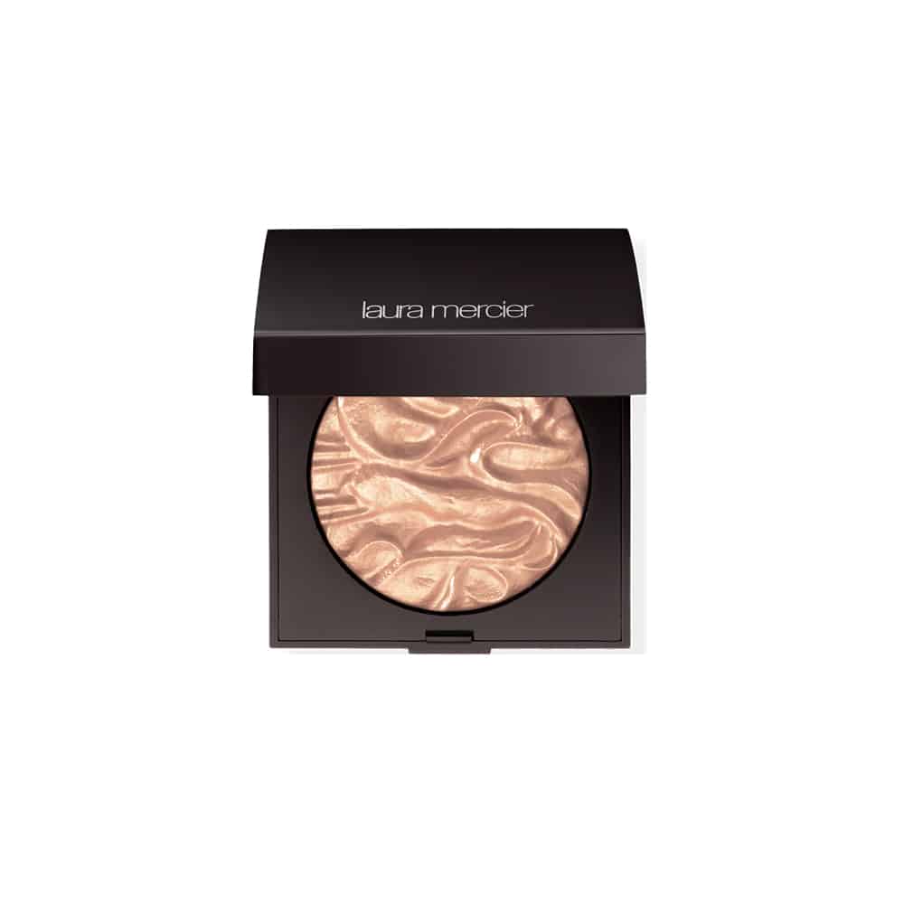 Face highlighting powder compact with rose-gold swirl pan, dark case and logo