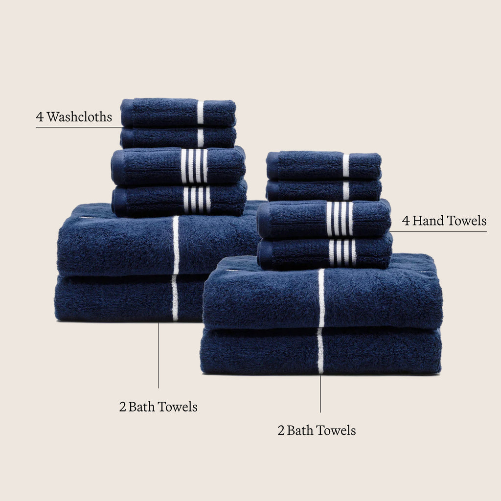Navy cotton towel set with white stripe bands in stacked folds