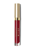Liquid lipstick in deep red, gold cap and clear tube with applicator window.