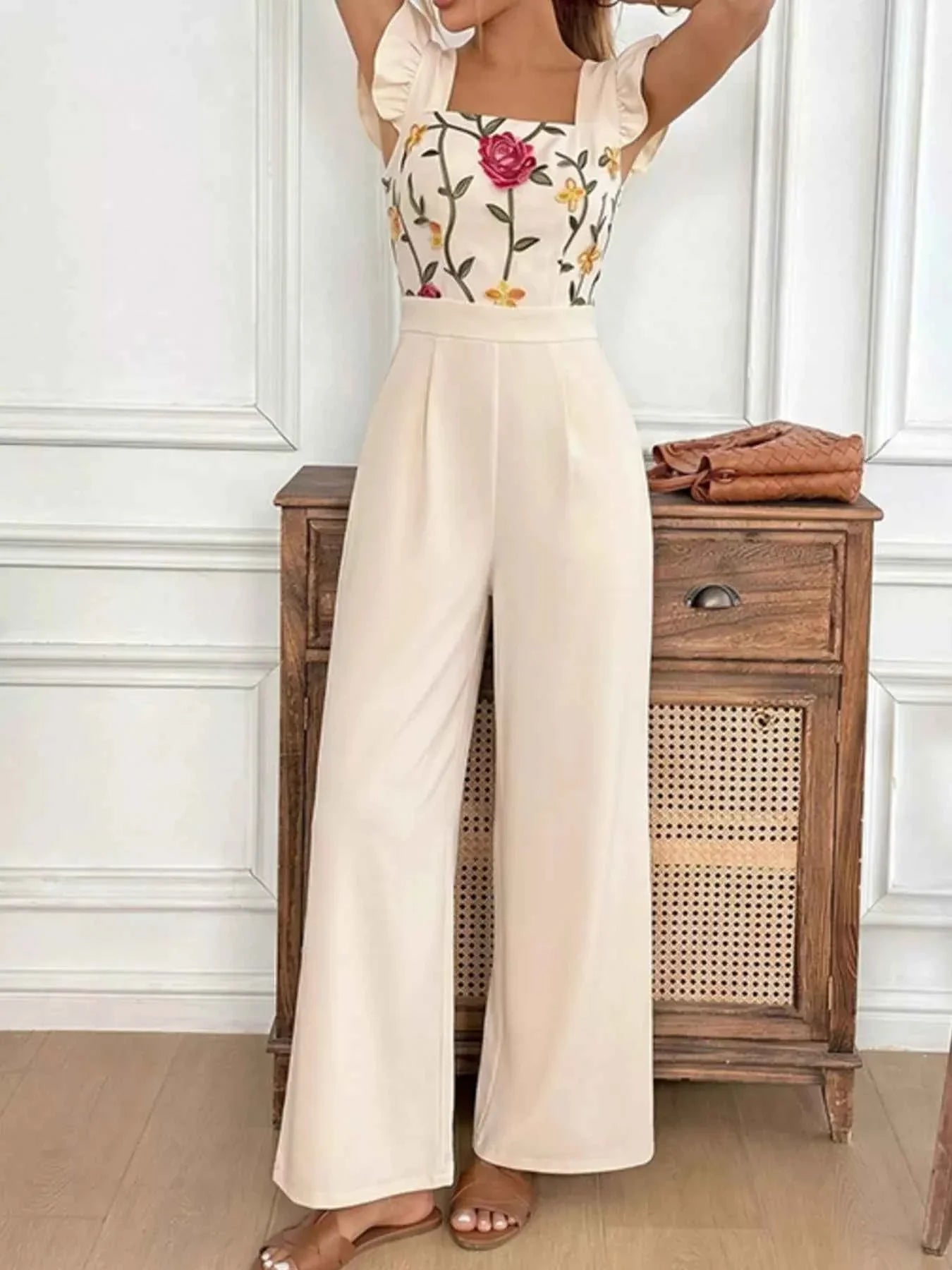 Floral Embroidered Ruffle Trim Jumpsuit