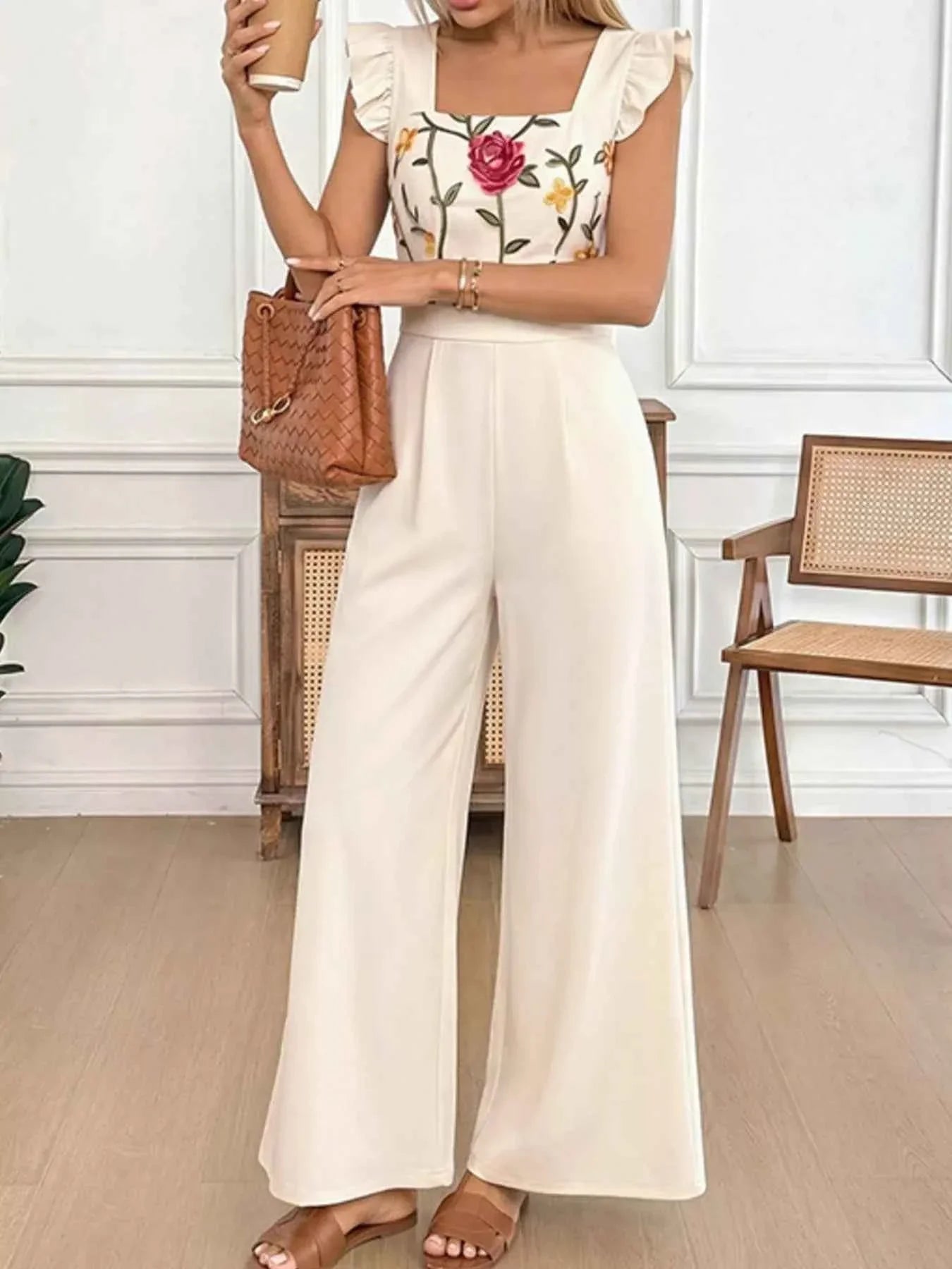 Floral Embroidered Ruffle Trim Jumpsuit