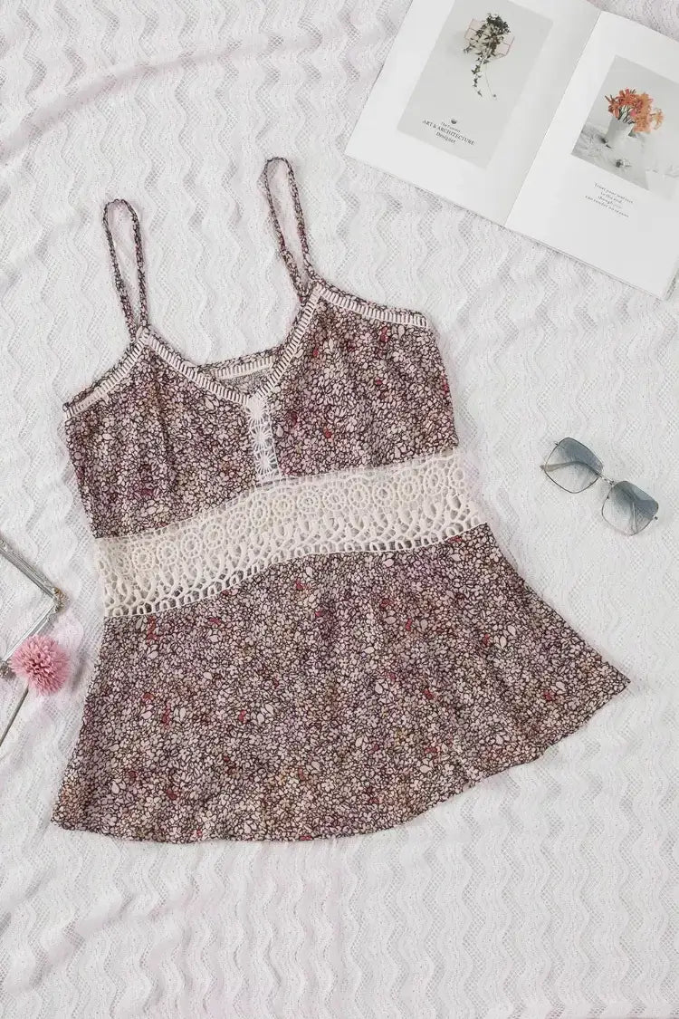 Floral Print Cami Top with Crochet Trim and Spaghetti Straps