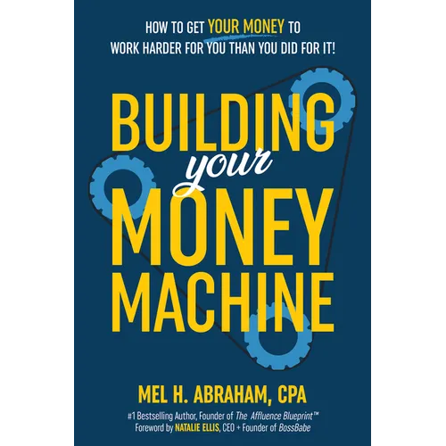 Hardcover personal finance book, dark blue cover with large yellow 'Money Machine' title.
