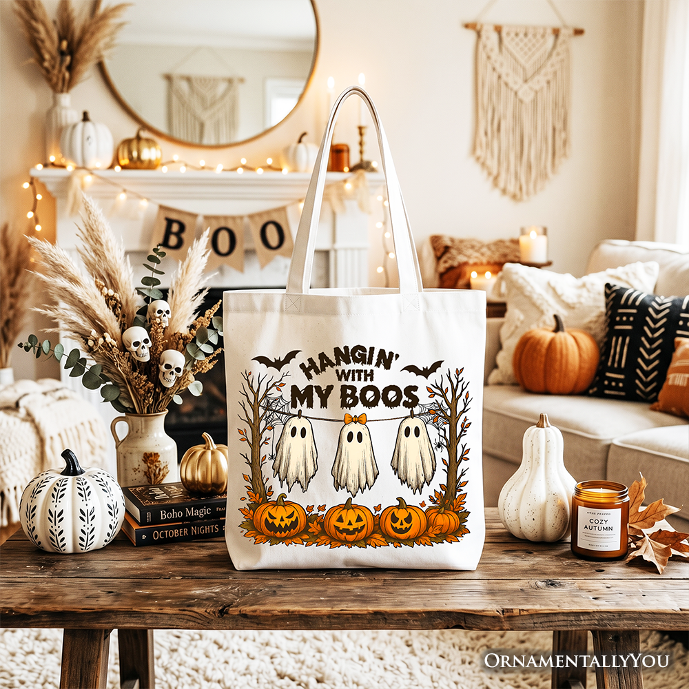 Boho Spooky Season Ghost Tote Bag, Cute Halloween Gift Shopper with Fall Pumpkins
