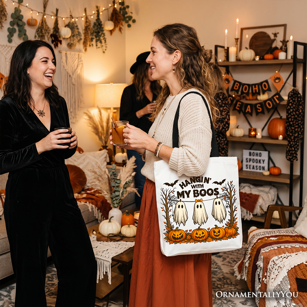 Boho Spooky Season Ghost Tote Bag, Cute Halloween Gift Shopper with Fall Pumpkins