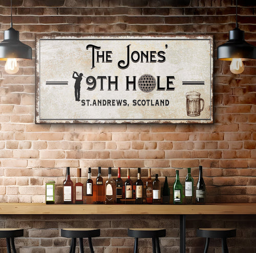 Framed personalized golf wall sign with cream background, golfer silhouette, and black text