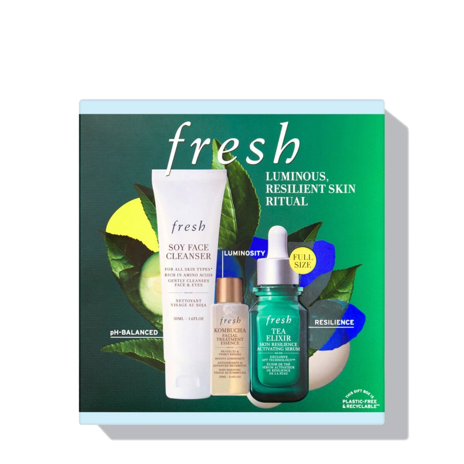 Fresh luminous skincare ritual set gift box with cleanser, serum, and moisturizer