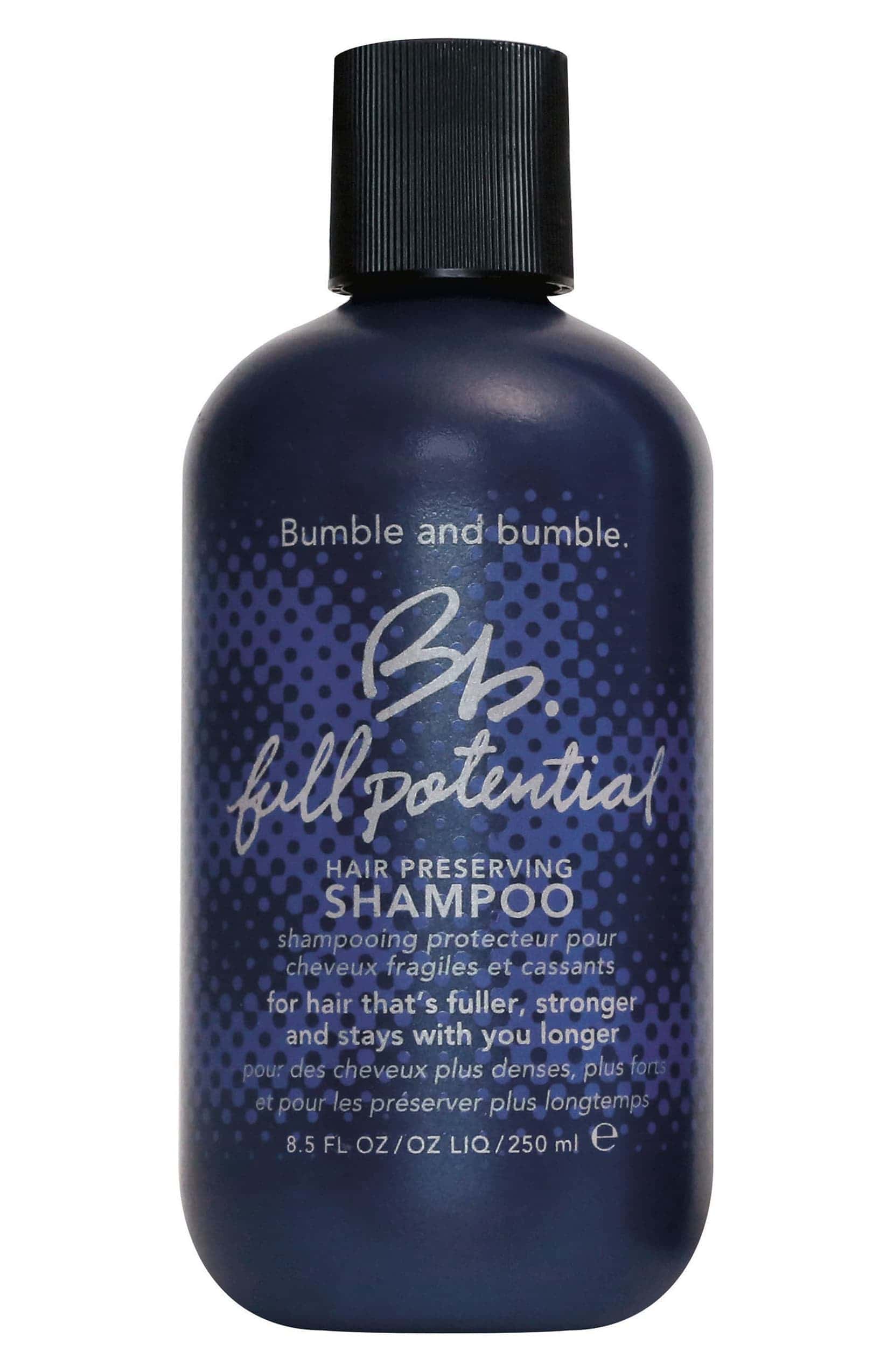 Bumble and bumble Full Potential hair preserving shampoo bottle, dark blue