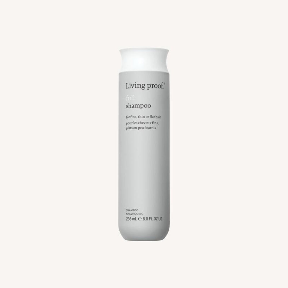 Living proof full shampoo bottle, gray, back label panel