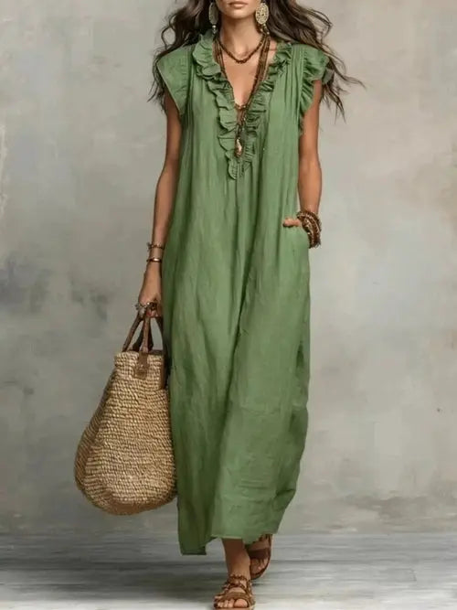 Women's Plus Size Maxi Dress | Ruffled V-Neck, Cap Sleeve | Boho Flowy Maxi Dress