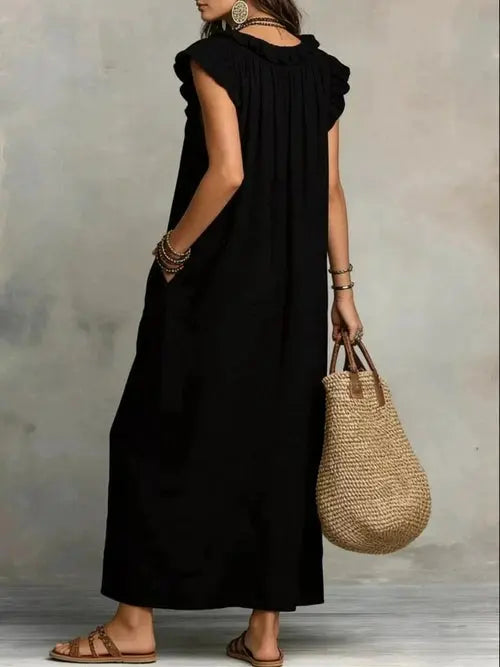 Women's Plus Size Maxi Dress | Ruffled V-Neck, Cap Sleeve | Boho Flowy Maxi Dress
