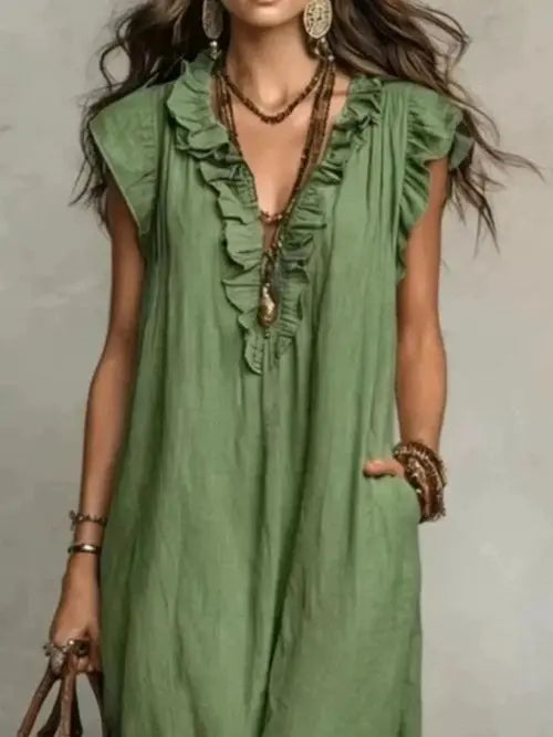 Women's Plus Size Maxi Dress | Ruffled V-Neck, Cap Sleeve | Boho Flowy Maxi Dress