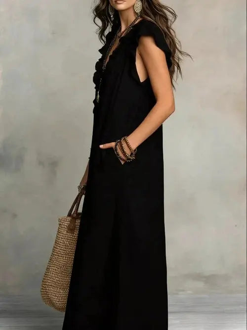Women's Plus Size Maxi Dress | Ruffled V-Neck, Cap Sleeve | Boho Flowy Maxi Dress